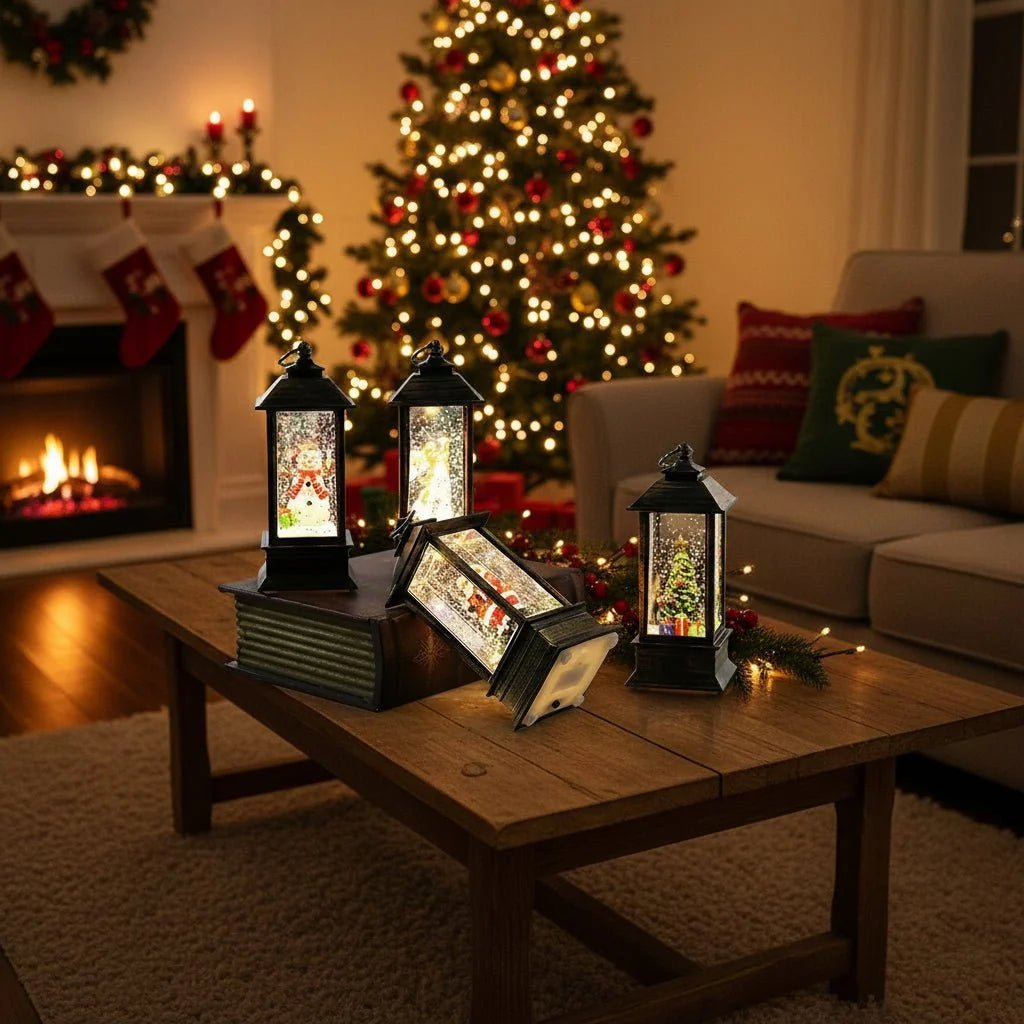 Decorative Christmas lantern featuring a timer function, warm light glow, and dual power options for festive holiday ambiance. 4