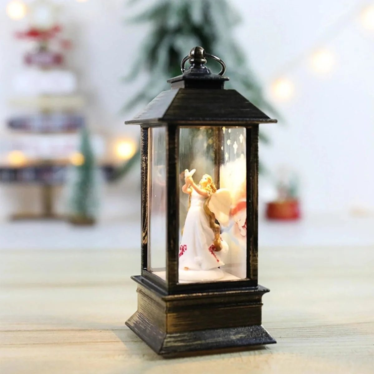 Decorative Christmas lantern featuring a timer function, warm light glow, and dual power options for festive holiday ambiance. 6
