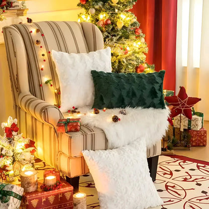 Decorative cushion cover featuring a textured Christmas tree pattern, plush material, and square shape measuring 45 x 45 cm, perfect for holiday decor. 4