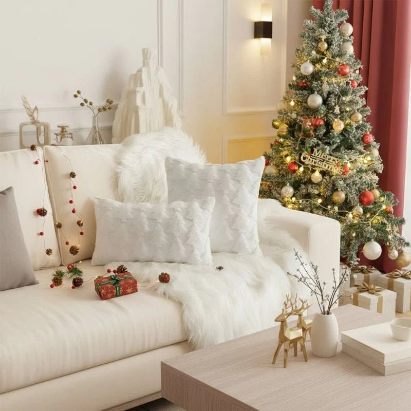 Decorative cushion cover featuring a textured Christmas tree pattern, plush material, and square shape measuring 45 x 45 cm, perfect for holiday decor. 2