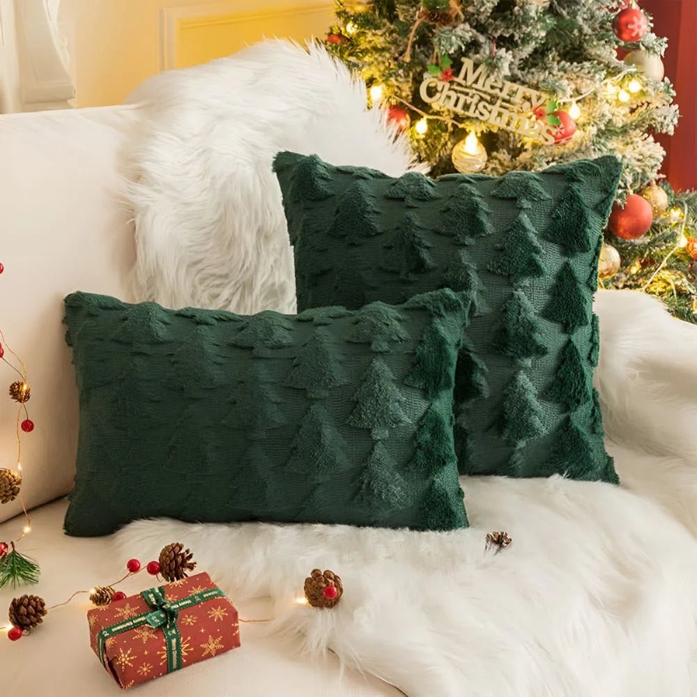 Decorative cushion cover featuring a textured Christmas tree pattern, plush material, and square shape measuring 45 x 45 cm, perfect for holiday decor. 0