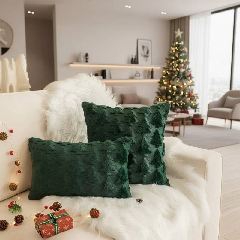 Decorative cushion cover featuring a textured Christmas tree pattern, plush material, and square shape measuring 45 x 45 cm, perfect for holiday decor. 3