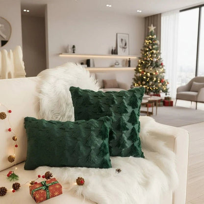 Decorative cushion cover featuring a textured Christmas tree pattern, plush material, and square shape measuring 45 x 45 cm, perfect for holiday decor. 3