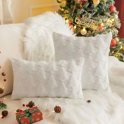 Decorative cushion cover featuring a textured Christmas tree pattern, plush material, and square shape measuring 45 x 45 cm, perfect for holiday decor. 1
