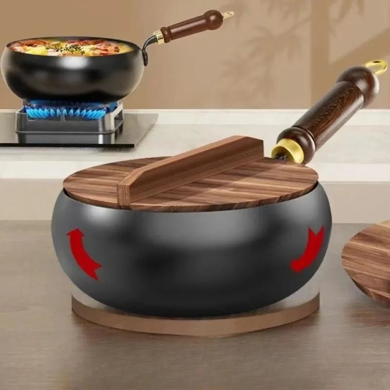 Deep Iron Wok Pan with Lid featuring a non-stick surface, ideal for induction cooking and versatile meal preparation, showcasing its sleek design and functionality. 1