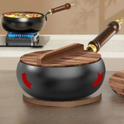 Deep Iron Wok Pan with Lid featuring a non-stick surface, ideal for induction cooking and versatile meal preparation, showcasing its sleek design and functionality. 1