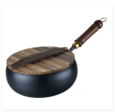 Deep Iron Wok Pan with Lid featuring a non-stick surface, ideal for induction cooking and versatile meal preparation, showcasing its sleek design and functionality. 4