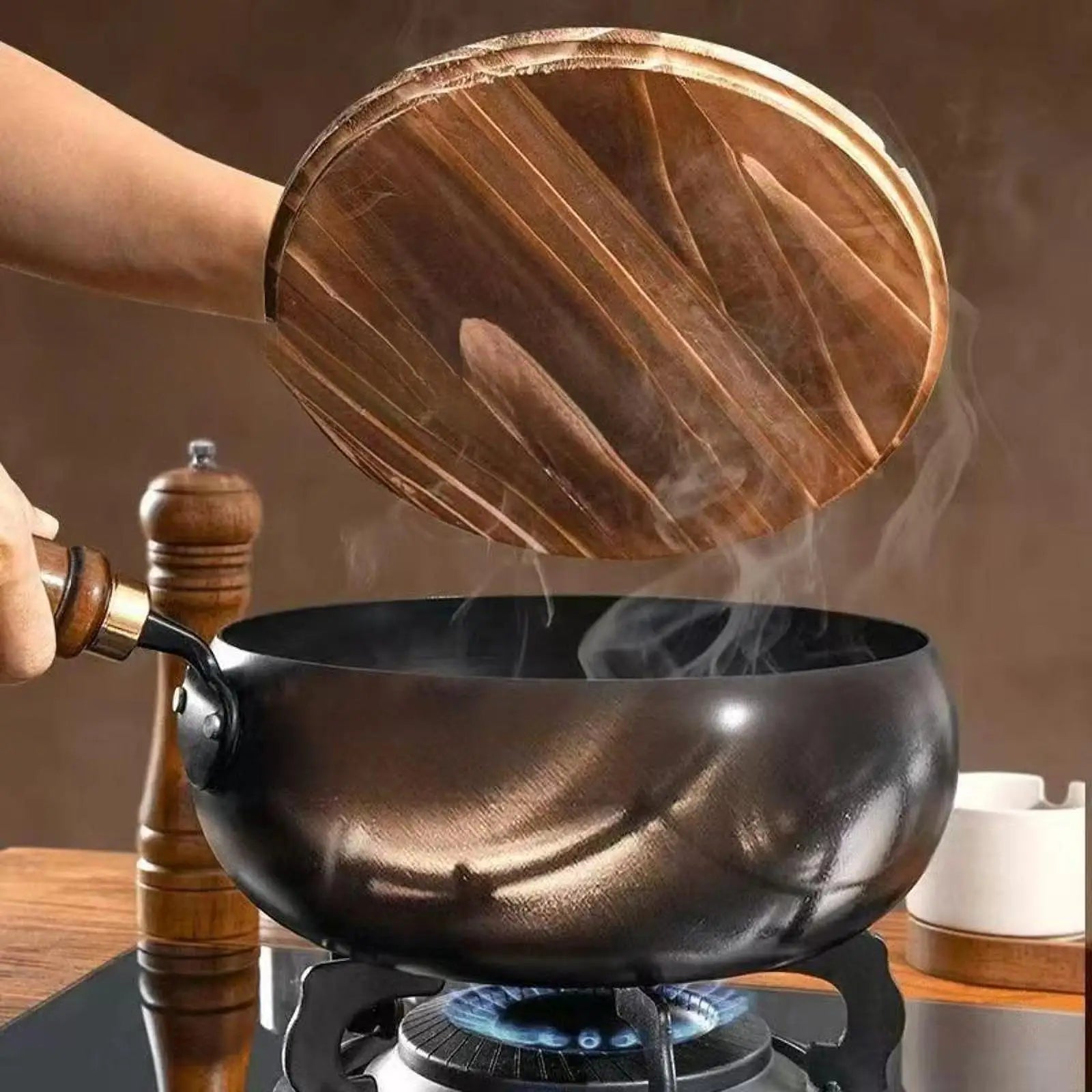 Deep Iron Wok Pan with Lid featuring a non-stick surface, ideal for induction cooking and versatile meal preparation, showcasing its sleek design and functionality. 0