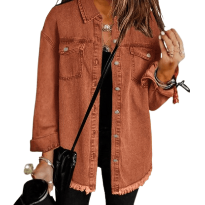 Classic blue oversized denim jacket for women featuring a relaxed fit and functional pockets, perfect for casual outings and layering. 5