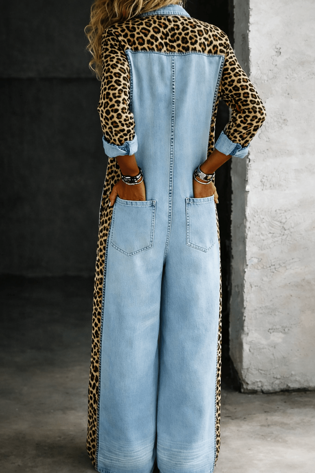 Denim jumpsuit for women featuring a stylish cowboy print, designed in imitation denim with an ankle-length cut. 1