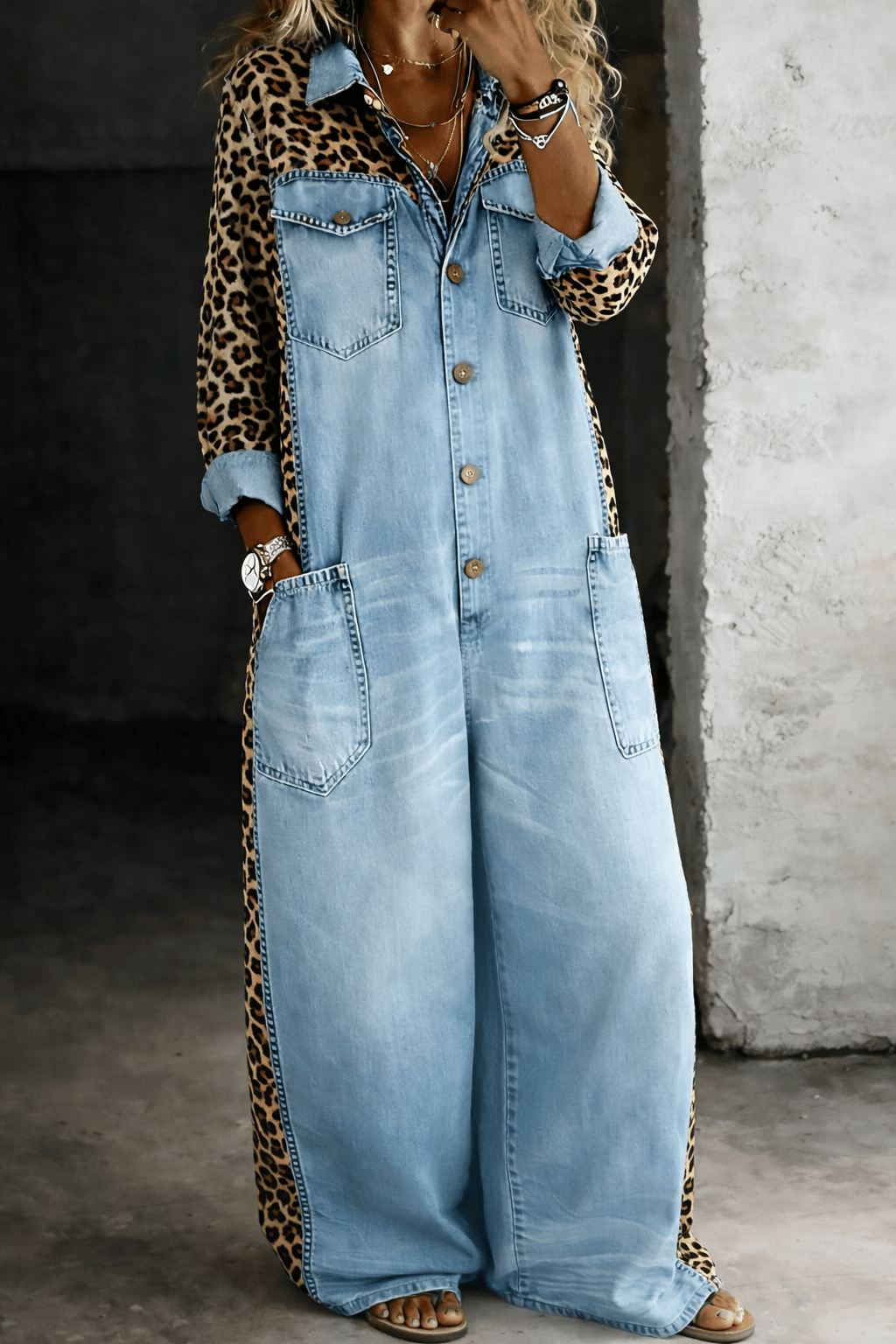 Denim jumpsuit for women featuring a stylish cowboy print, designed in imitation denim with an ankle-length cut. 0