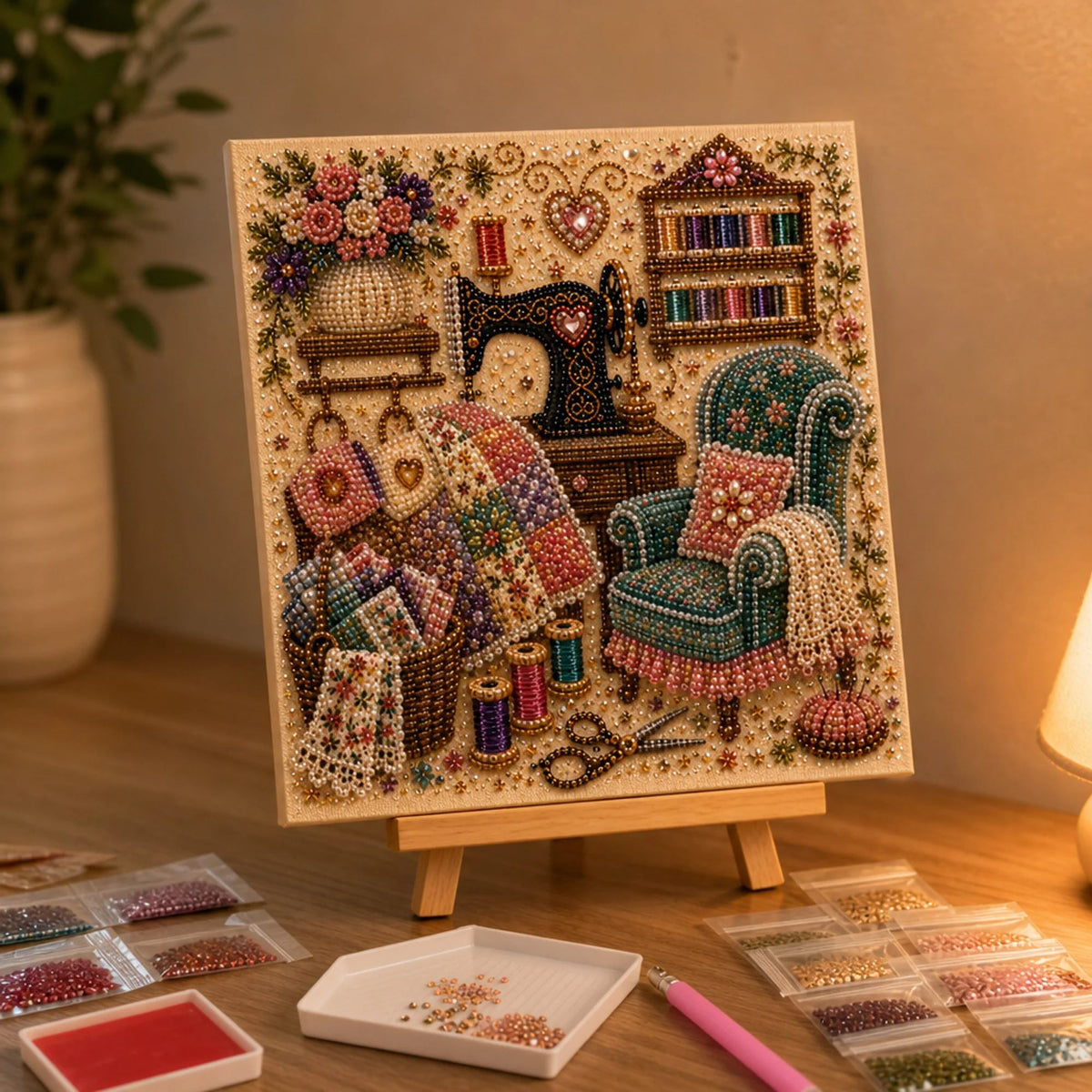 Diamond painting kit featuring a vintage room scene, adorned with special gems and pearls for enhanced sparkle and detail, perfect for art enthusiasts and crafters. 1