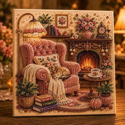 Diamond painting kit featuring a vintage room scene, adorned with special gems and pearls for enhanced sparkle and detail, perfect for art enthusiasts and crafters. 4