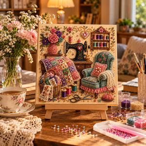 Diamond painting kit featuring a vintage room scene, adorned with special gems and pearls for enhanced sparkle and detail, perfect for art enthusiasts and crafters. 0