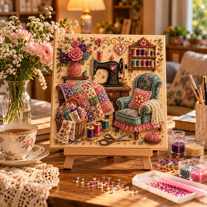 Diamond painting kit featuring a vintage room scene, adorned with special gems and pearls for enhanced sparkle and detail, perfect for art enthusiasts and crafters. 0