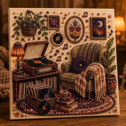 Diamond painting kit featuring a vintage room scene, adorned with special gems and pearls for enhanced sparkle and detail, perfect for art enthusiasts and crafters. 3
