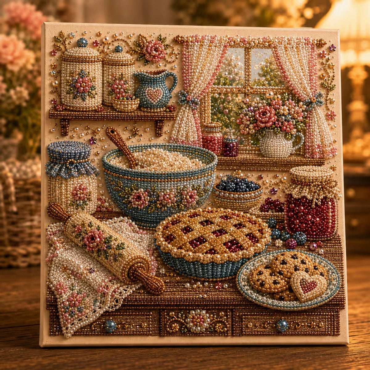 Diamond painting kit featuring a vintage room scene, adorned with special gems and pearls for enhanced sparkle and detail, perfect for art enthusiasts and crafters. 6