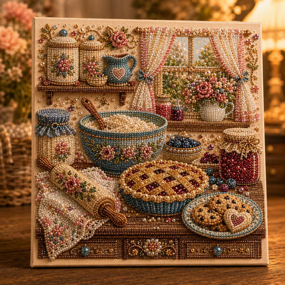Diamond painting kit featuring a vintage room scene, adorned with special gems and pearls for enhanced sparkle and detail, perfect for art enthusiasts and crafters. 6