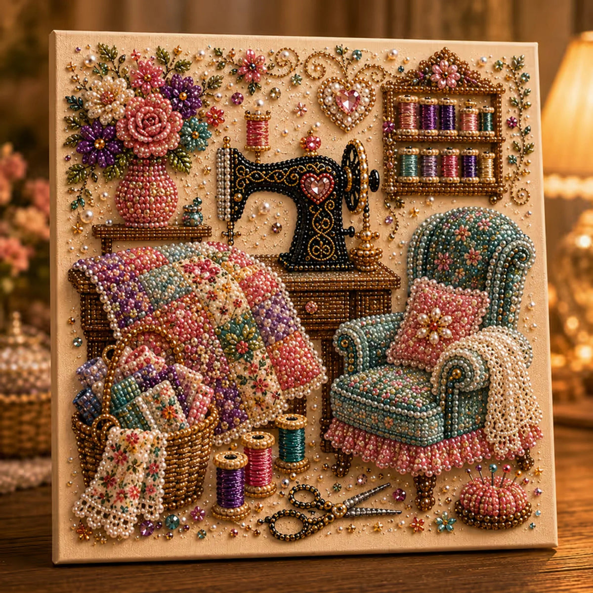Diamond painting kit featuring a vintage room scene, adorned with special gems and pearls for enhanced sparkle and detail, perfect for art enthusiasts and crafters. 2