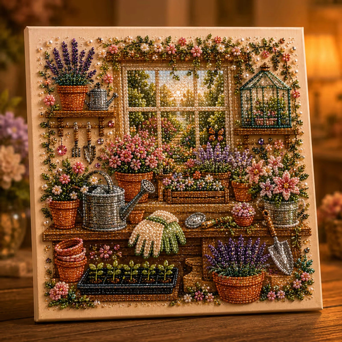 Diamond painting kit featuring a vintage room scene, adorned with special gems and pearls for enhanced sparkle and detail, perfect for art enthusiasts and crafters. 5