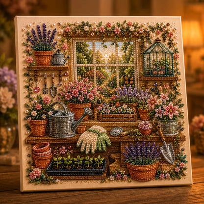 Diamond painting kit featuring a vintage room scene, adorned with special gems and pearls for enhanced sparkle and detail, perfect for art enthusiasts and crafters. 5