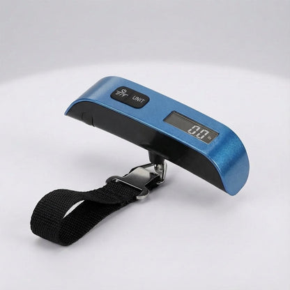 Digital luggage scale with backlit LCD display and ergonomic rubber handle, designed for portable travel with a maximum capacity of 50 kg. 5