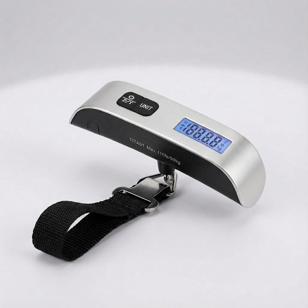 Digital luggage scale with backlit LCD display and ergonomic rubber handle, designed for portable travel with a maximum capacity of 50 kg. 8