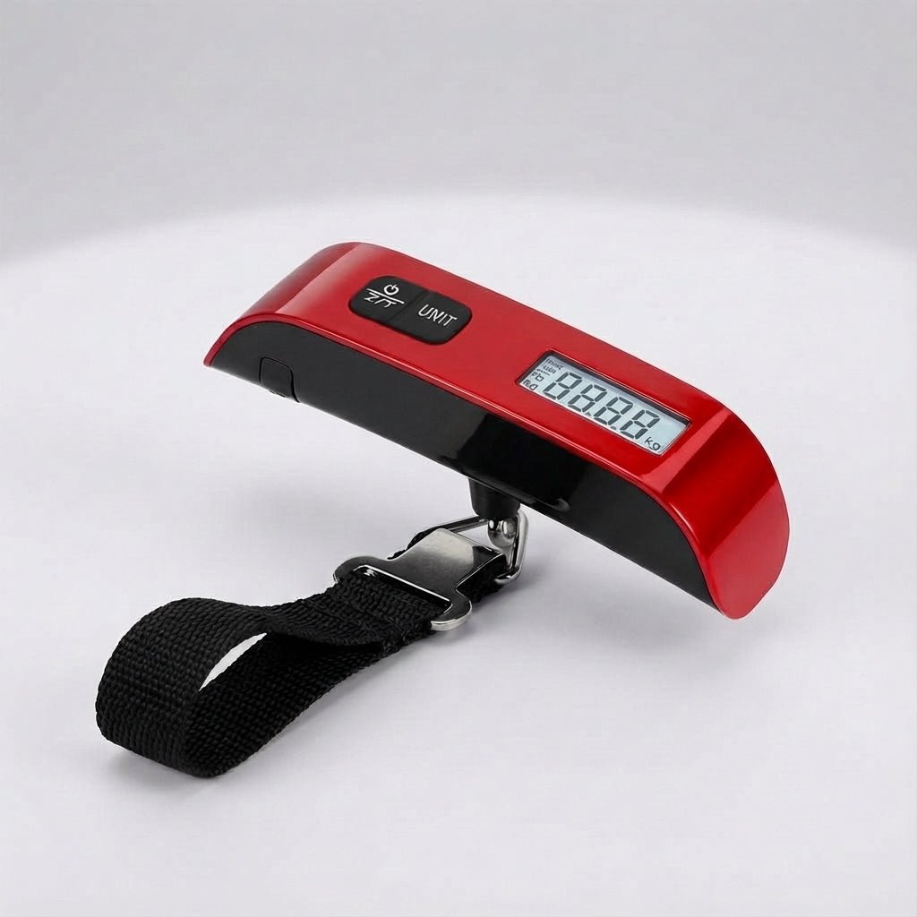 Digital luggage scale with backlit LCD display and ergonomic rubber handle, designed for portable travel with a maximum capacity of 50 kg. 7