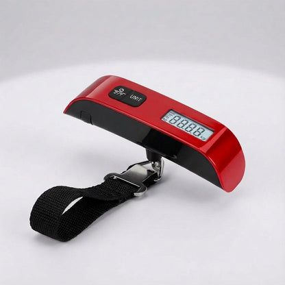 Digital luggage scale with backlit LCD display and ergonomic rubber handle, designed for portable travel with a maximum capacity of 50 kg. 7