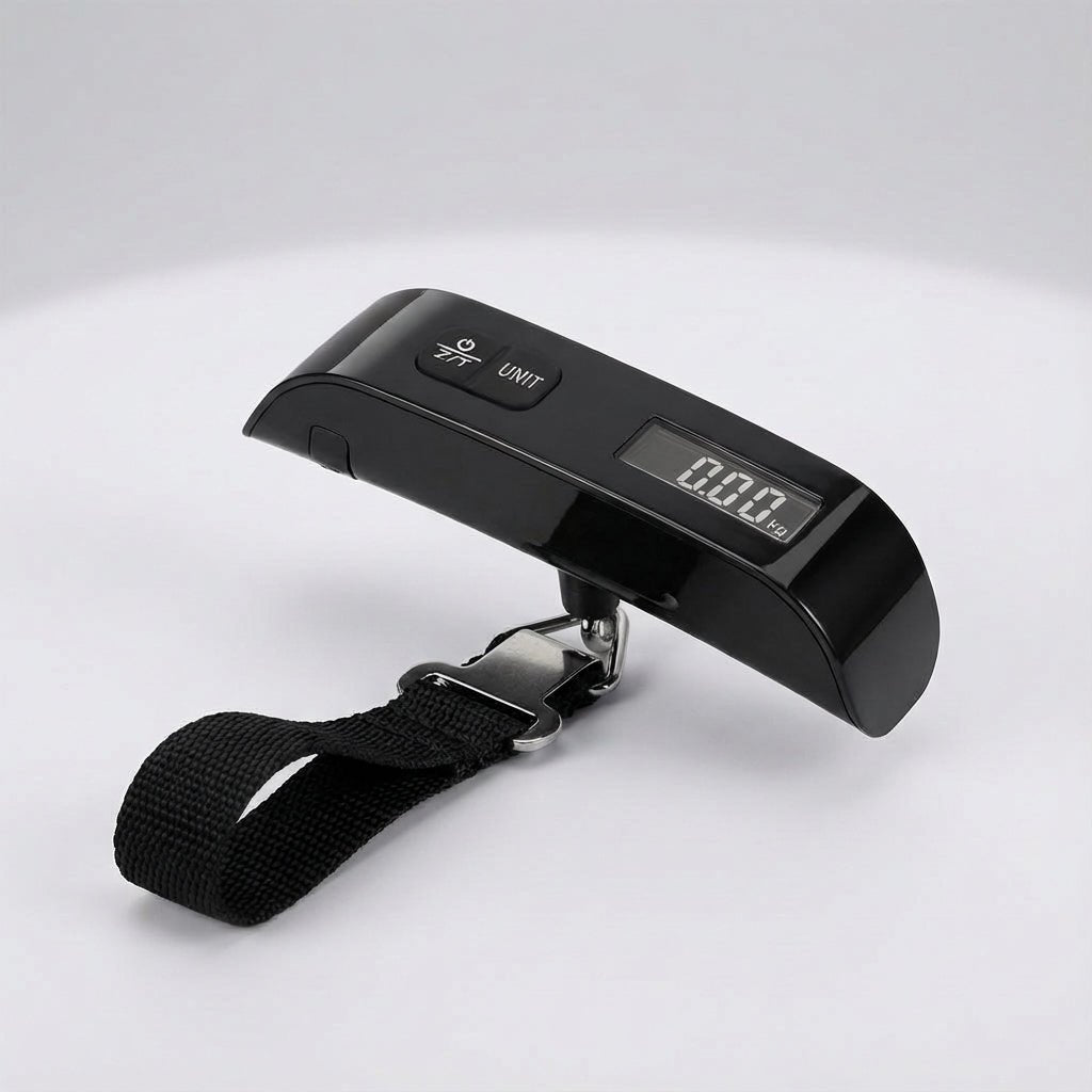 Digital luggage scale with backlit LCD display and ergonomic rubber handle, designed for portable travel with a maximum capacity of 50 kg. 0
