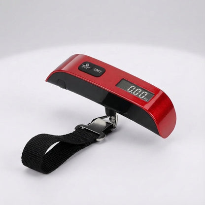 Digital luggage scale with backlit LCD display and ergonomic rubber handle, designed for portable travel with a maximum capacity of 50 kg. 6