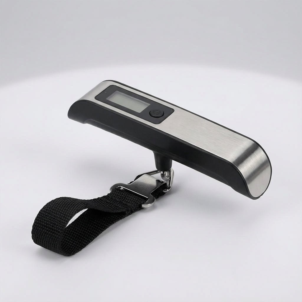 Digital luggage scale with backlit LCD display and ergonomic rubber handle, designed for portable travel with a maximum capacity of 50 kg. 4