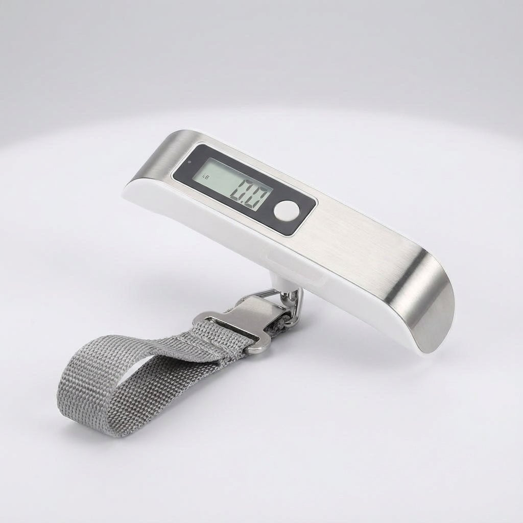 Digital luggage scale with backlit LCD display and ergonomic rubber handle, designed for portable travel with a maximum capacity of 50 kg. 10