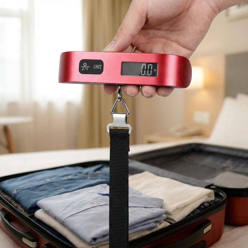 Digital luggage scale with backlit LCD display and ergonomic rubber handle, designed for portable travel with a maximum capacity of 50 kg. 1