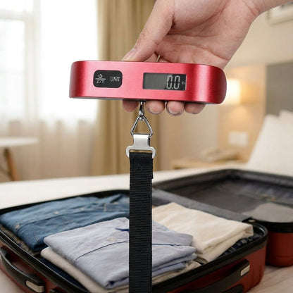 Digital luggage scale with backlit LCD display and ergonomic rubber handle, designed for portable travel with a maximum capacity of 50 kg. 1