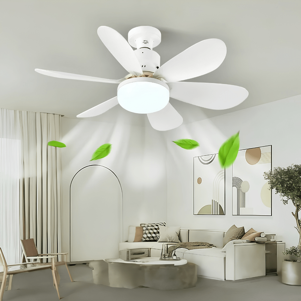 Dimmable LED ceiling fan with remote control, featuring energy-efficient lighting and cooling capabilities, ideal for modern home decor. 0