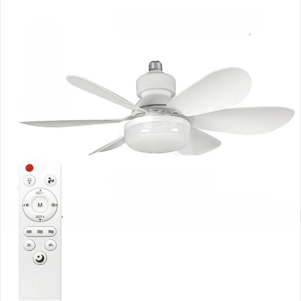 Dimmable LED ceiling fan with remote control, featuring energy-efficient lighting and cooling capabilities, ideal for modern home decor. 1