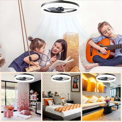 Dimmable LED ceiling fan with remote control featuring a sleek modern design, ideal for efficient cooling and stylish home decor. 2