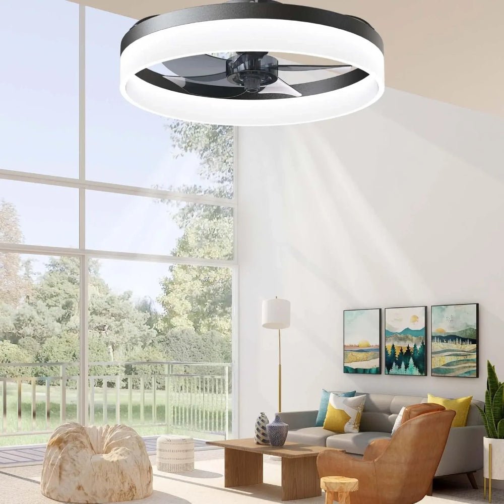Dimmable LED ceiling fan with remote control featuring a sleek modern design, ideal for efficient cooling and stylish home decor. 0