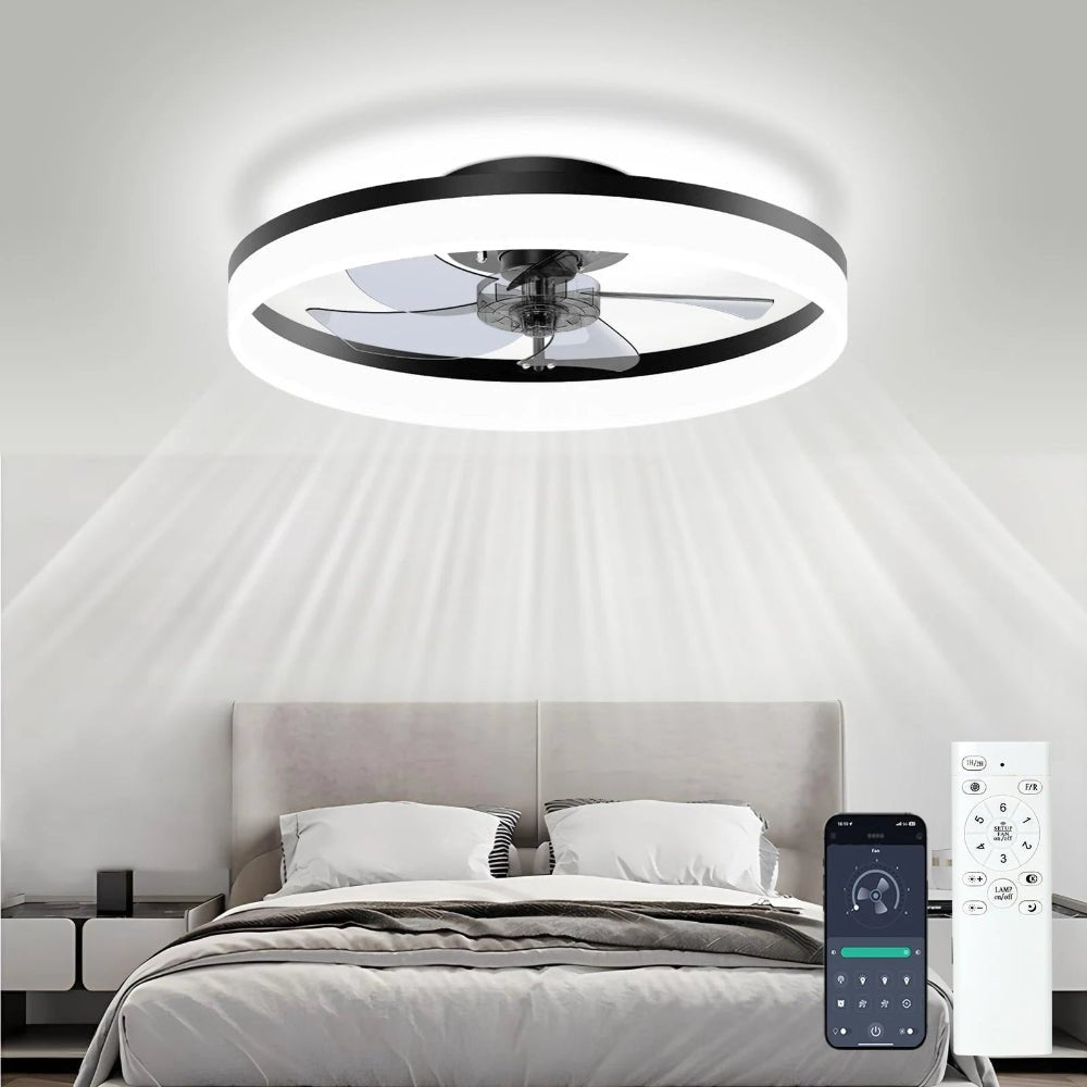 Dimmable LED ceiling fan with remote control featuring a sleek modern design, ideal for efficient cooling and stylish home decor. 1