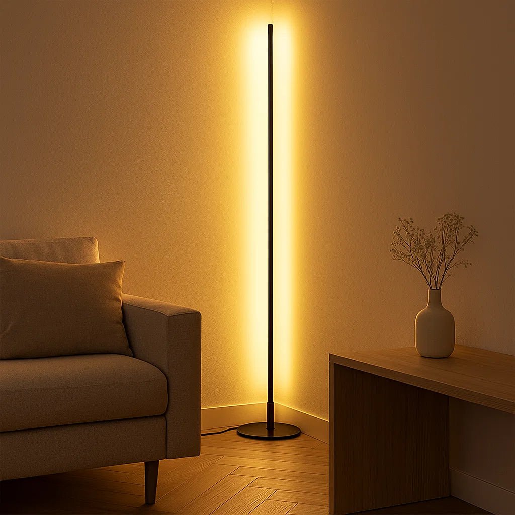 Dimmable LED floor lamp with remote control featuring a sleek modern design, perfect for enhancing the ambiance of your living room. 0