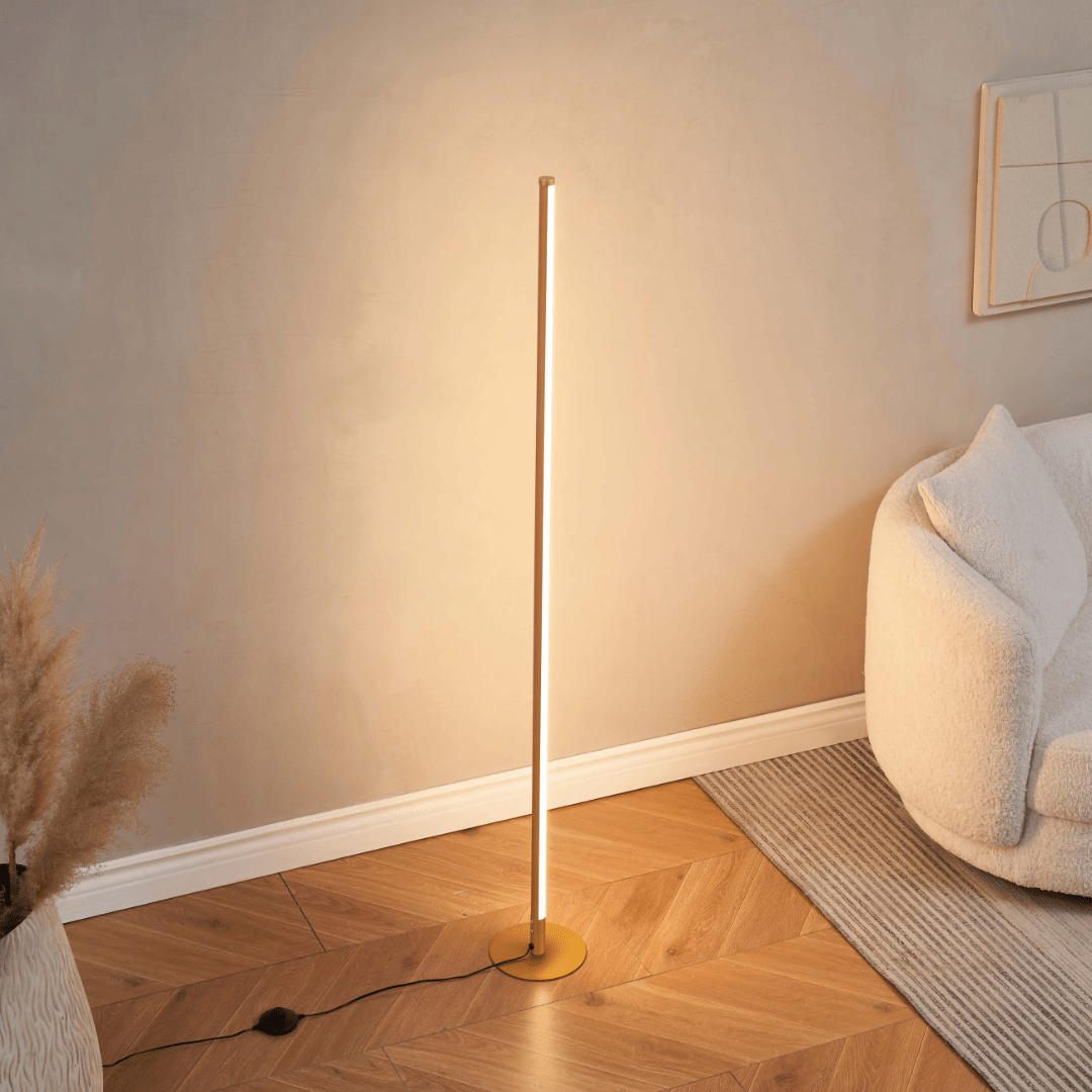 Dimmable LED floor lamp with remote control featuring a sleek modern design, perfect for enhancing the ambiance of your living room. 1
