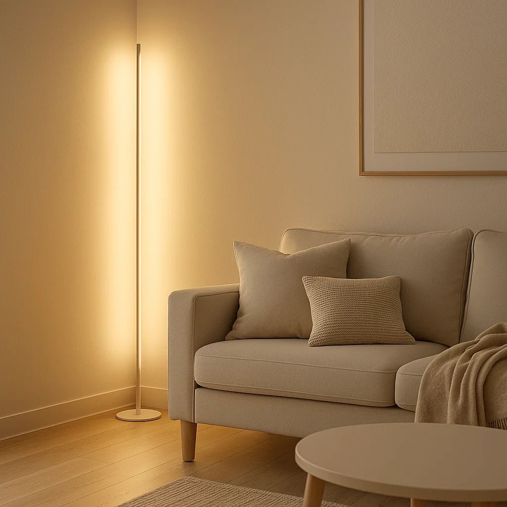 Dimmable LED floor lamp with remote control featuring a sleek modern design, perfect for enhancing the ambiance of your living room. 3