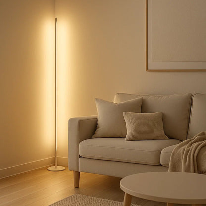 Dimmable LED floor lamp with remote control featuring a sleek modern design, perfect for enhancing the ambiance of your living room. 3