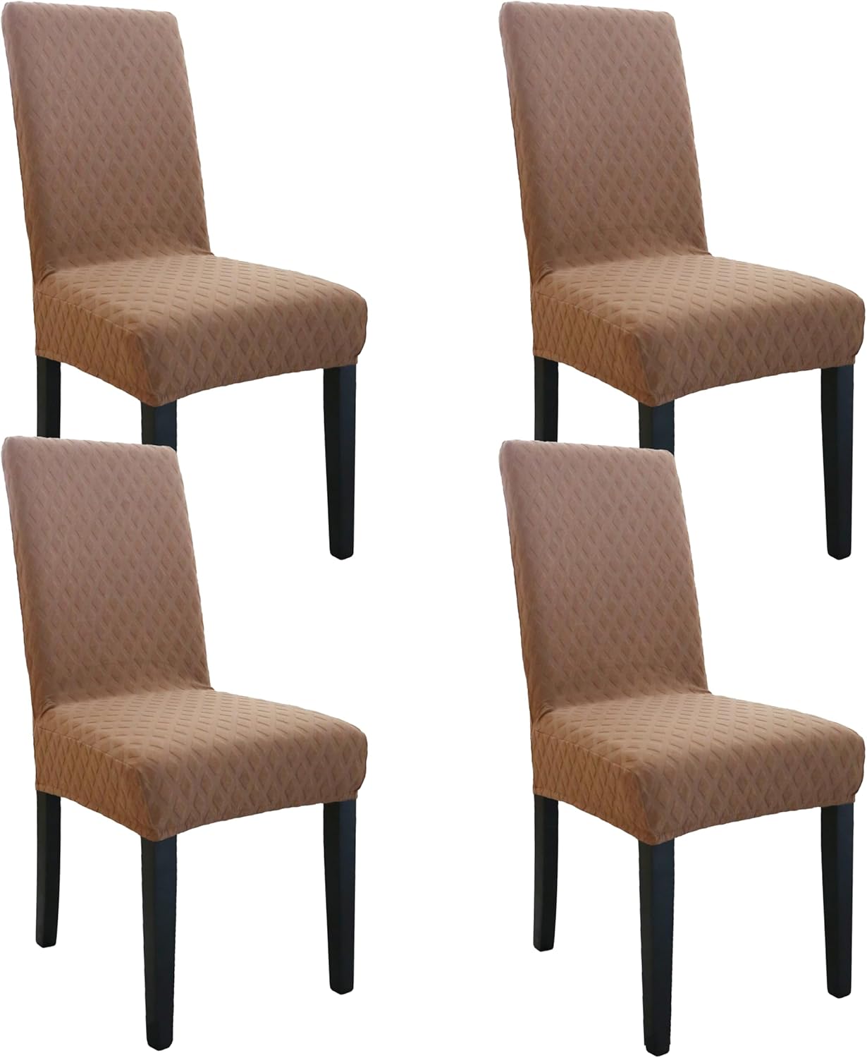 Set of stretchable and washable dining chair covers made from durable polyester fabric, designed to protect and enhance the look of dining room chairs, easy to install 10