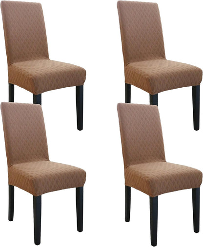 Set of stretchable and washable dining chair covers made from durable polyester fabric, designed to protect and enhance the look of dining room chairs, easy to install 10