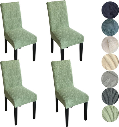 Set of stretchable and washable dining chair covers made from durable polyester fabric, designed to protect and enhance the look of dining room chairs, easy to install 17