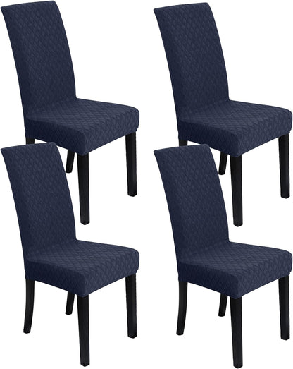 Set of stretchable and washable dining chair covers made from durable polyester fabric, designed to protect and enhance the look of dining room chairs, easy to install 16