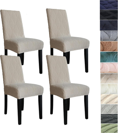 Set of stretchable and washable dining chair covers made from durable polyester fabric, designed to protect and enhance the look of dining room chairs, easy to install 13