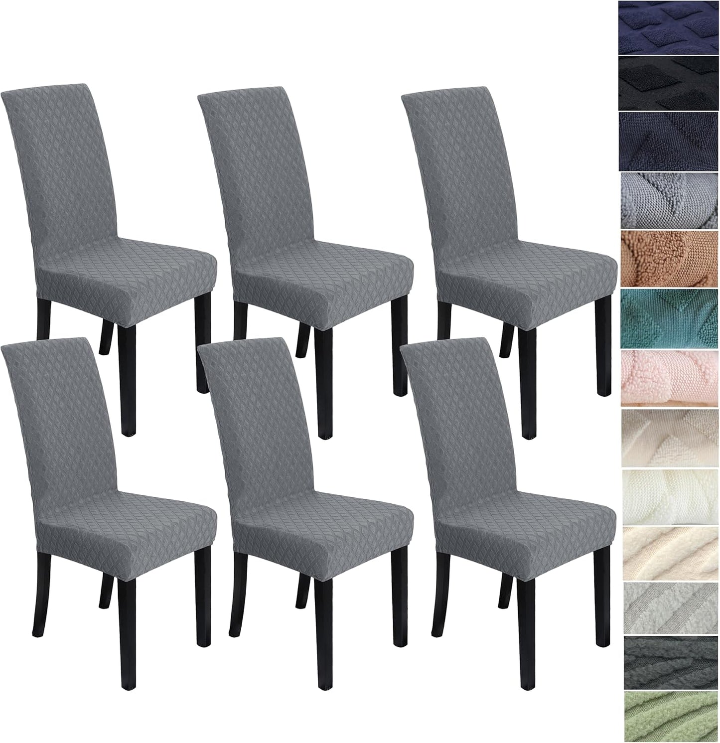 Set of stretchable and washable dining chair covers made from durable polyester fabric, designed to protect and enhance the look of dining room chairs, easy to install 12